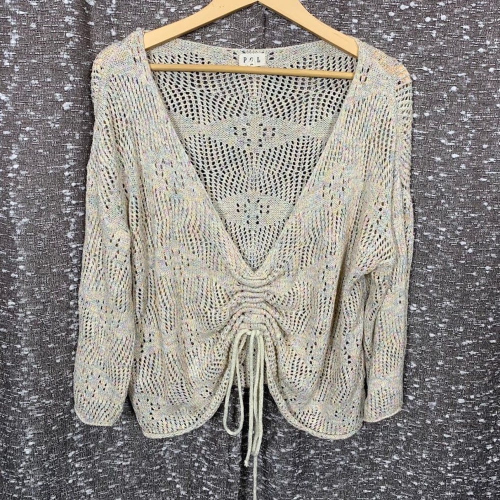 POL Knit V-Neck Drawstring Front Sweater Boho Festival Coastal Women's Small